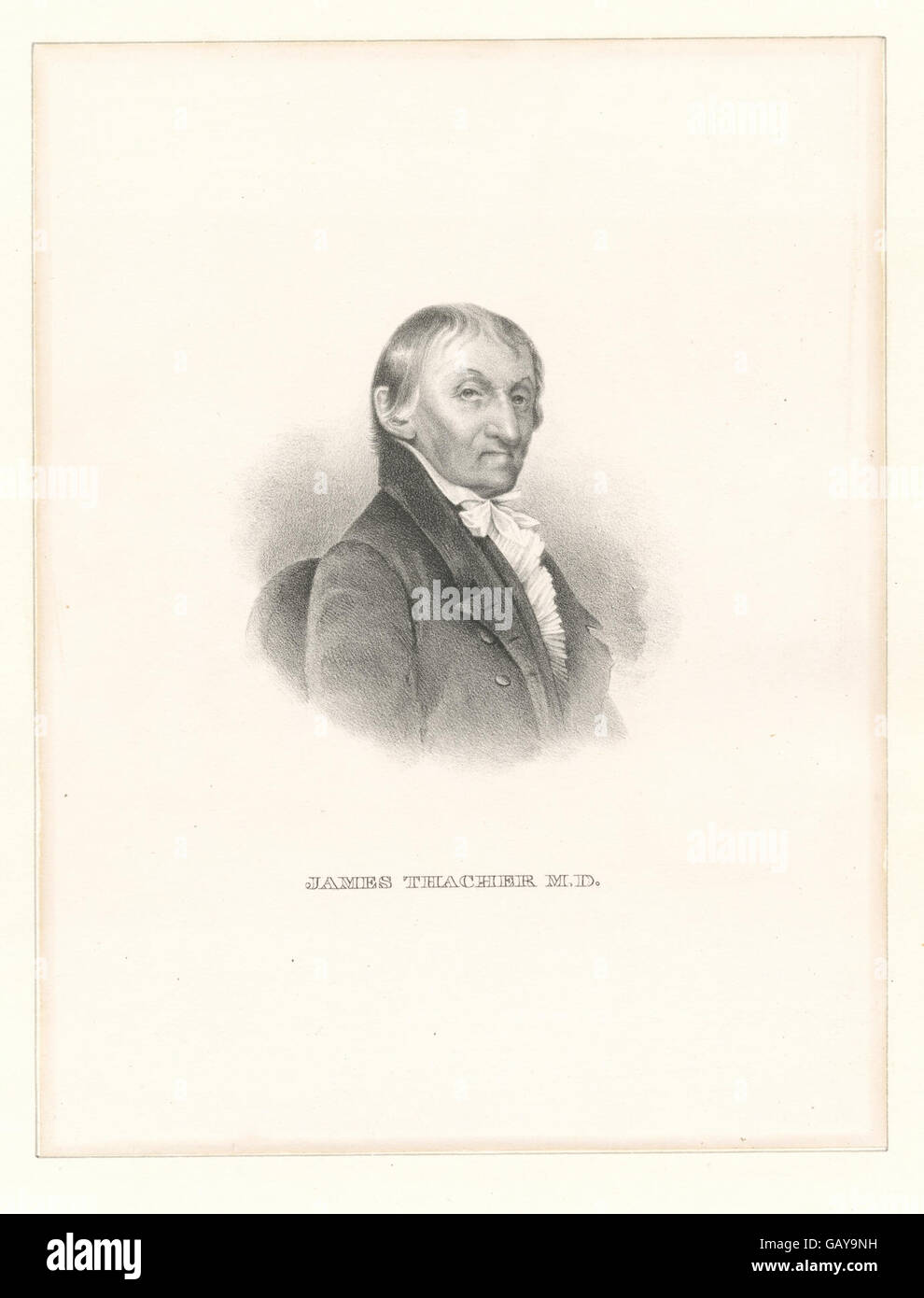 Dr. James Thacher war im 18. Und frühen 19. Jahrhundert ein bekannter amerikanischer Arzt und medizinischer Schriftsteller und trug maßgeblich zur medizinischen Literatur und zum Verständnis von Krankheiten in frühen Amerika bei. Stockfoto