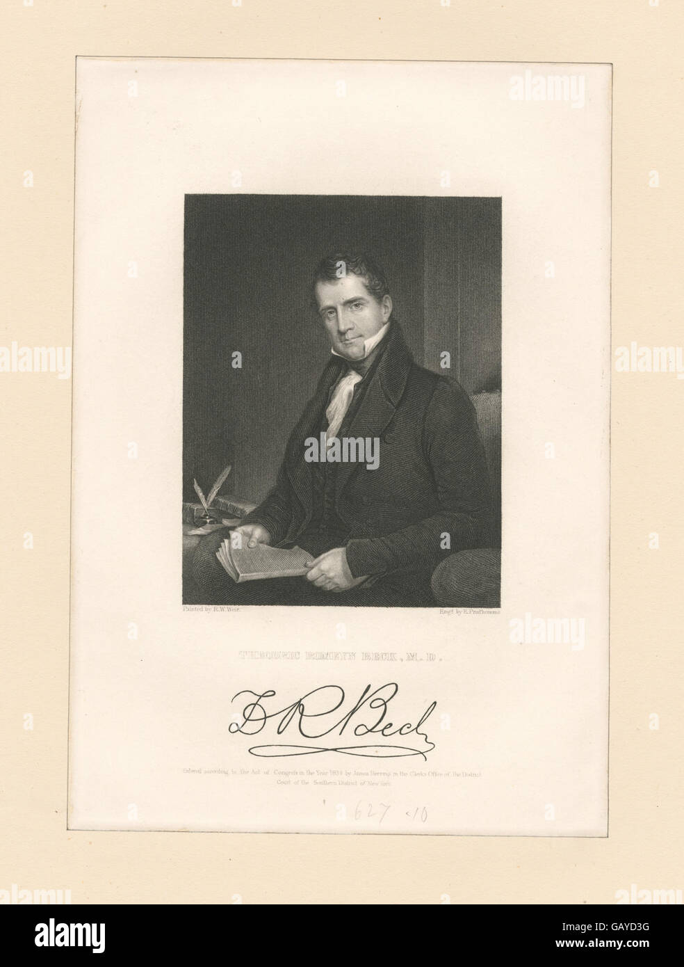 Theodric Romeyn Beck war im 19. Jahrhundert ein bekannter US-amerikanischer Arzt und Autor, der mit seinen Arbeiten über Krankheiten und Behandlungen zur medizinischen Wissenschaft beitrug. Er war eine Schlüsselfigur in der frühen amerikanischen Medizin. Stockfoto
