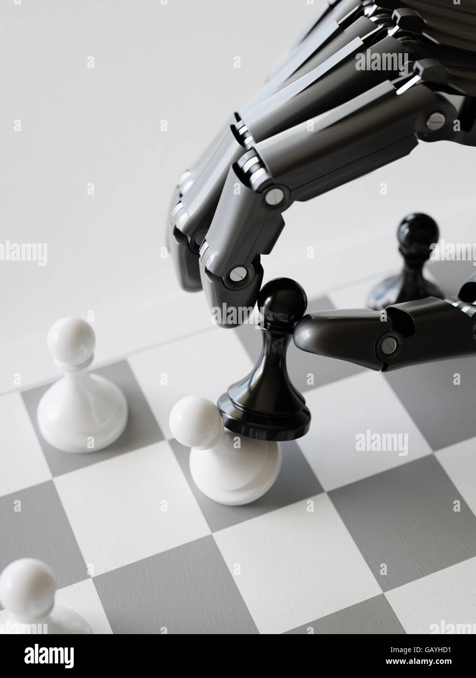 Künstliche Intelligenz spielen Schach Closeup 3d Illustration Konzept Stockfoto