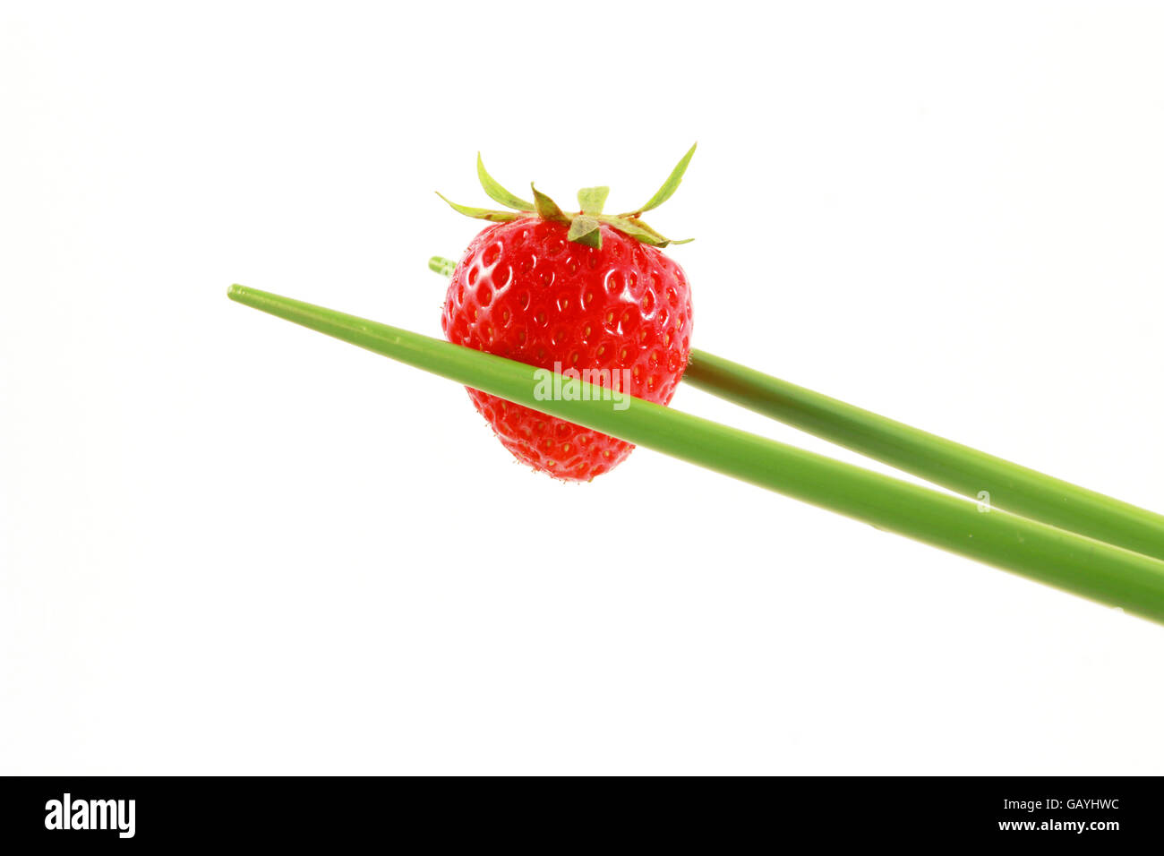 rote Erdbeere halten mit grünen Stäbchen in Nahaufnahme weißen Hintergrund Stockfoto