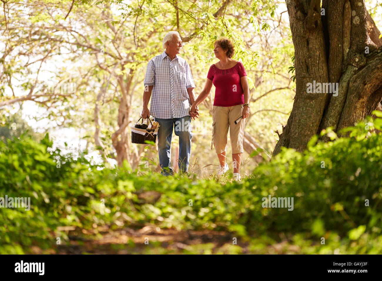 Altes Ehepaar, älterer Mann und Frau im Park. Aktiv im Ruhestand Senioren Hand in Hand und Wandern im Park mit einem Picknickkorb Stockfoto
