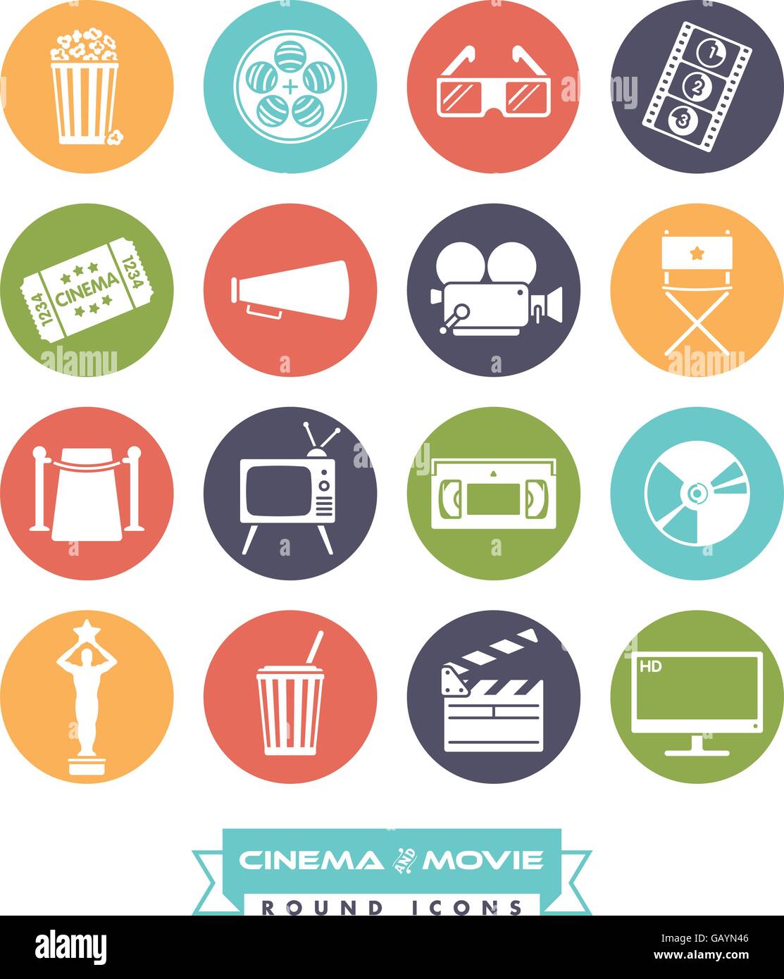 Sammlung von 16 Kino und Film im Zusammenhang mit Vektor-Icons, negative in farbige Kreise Stock Vektor