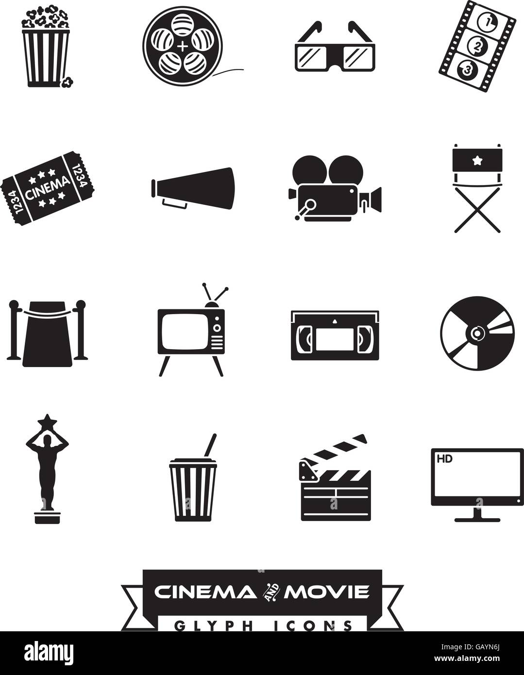 Sammlung von 16 Kino und Film im Zusammenhang mit Glyphe Symbole Stock Vektor