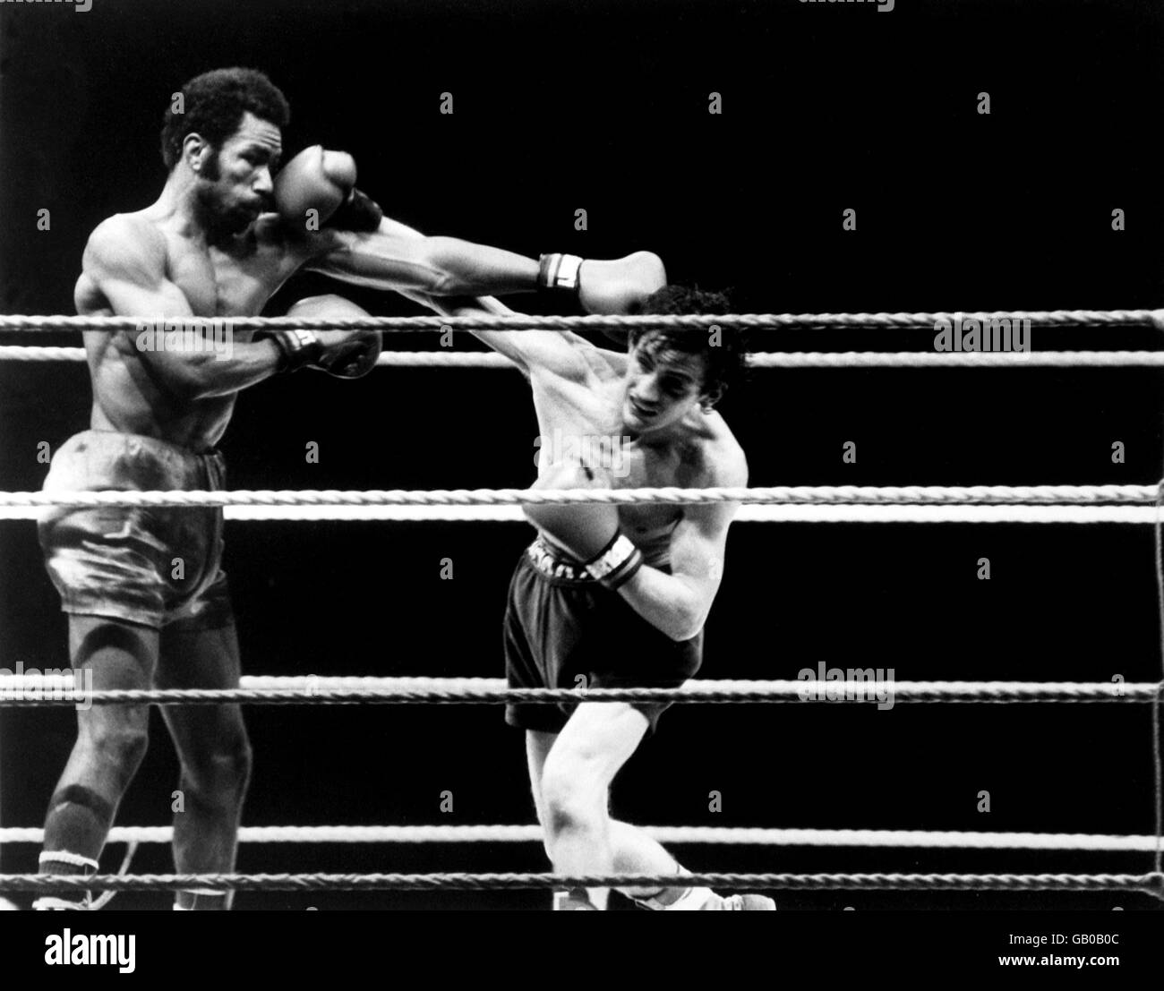 Irlands Barry McGuigan (r) und Panamas Eusebio Pedroza (l) handeln Schläge in ihrem WBA-Titelkampf Stockfoto