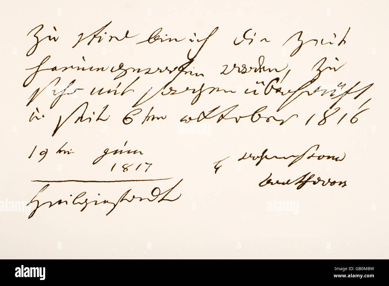 Ludwig van Beethoven 1770-1827.  Deutscher Komponist. Hand-Schriftprobe und Unterschrift. Stockfoto