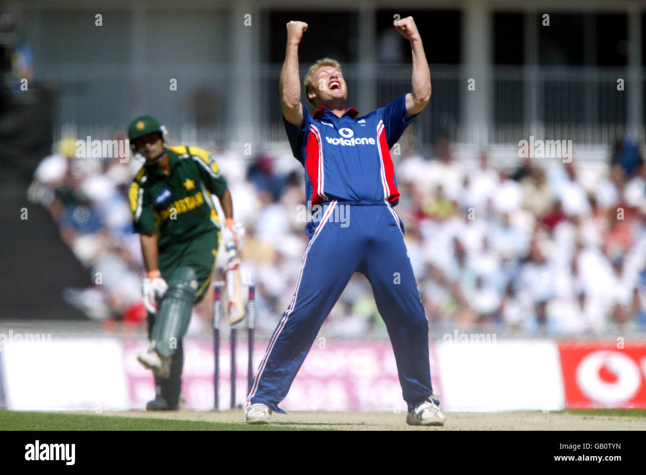 Cricket - The NatWest Challenge - England gegen Pakistan. Der englische Andrew Flintoff feiert das Dickicht des pakistanischen Mohammad Hafeez Stockfoto