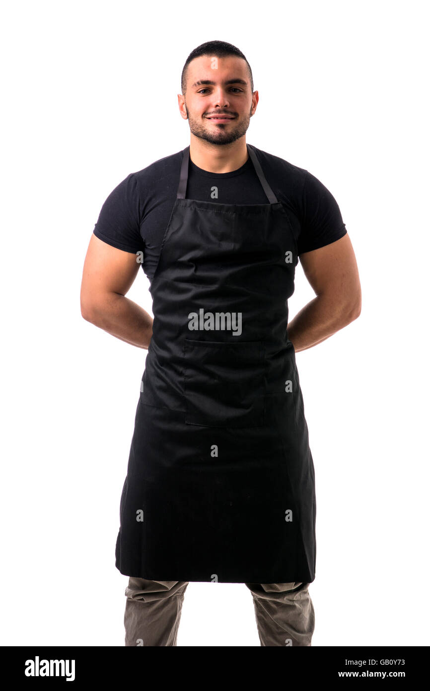 Porträt der schönen Koch in schwarz Schürze vor weißem Hintergrund. Studio gedreht Stockfoto