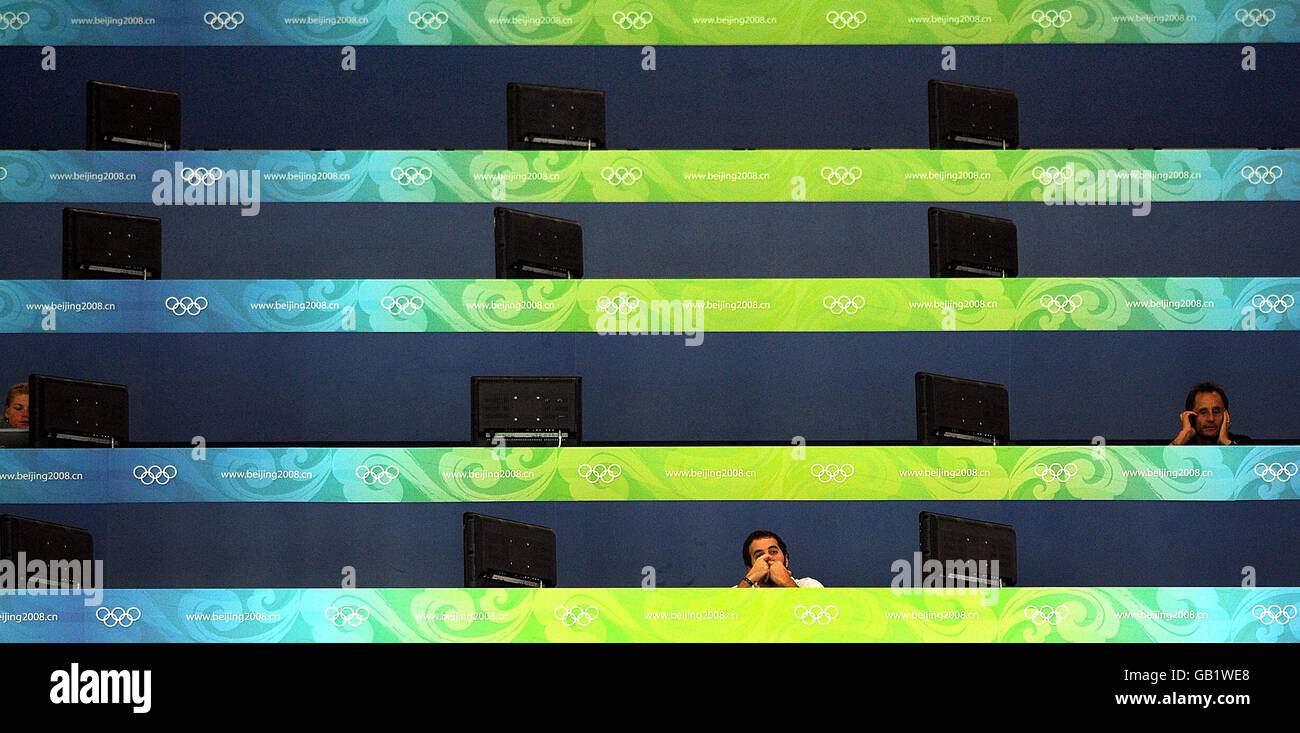 Gesamtansicht des Pressebereichs im Nationalen Wassersportzentrum am 6. Tag der Olympischen Spiele 2008 in Peking. Stockfoto