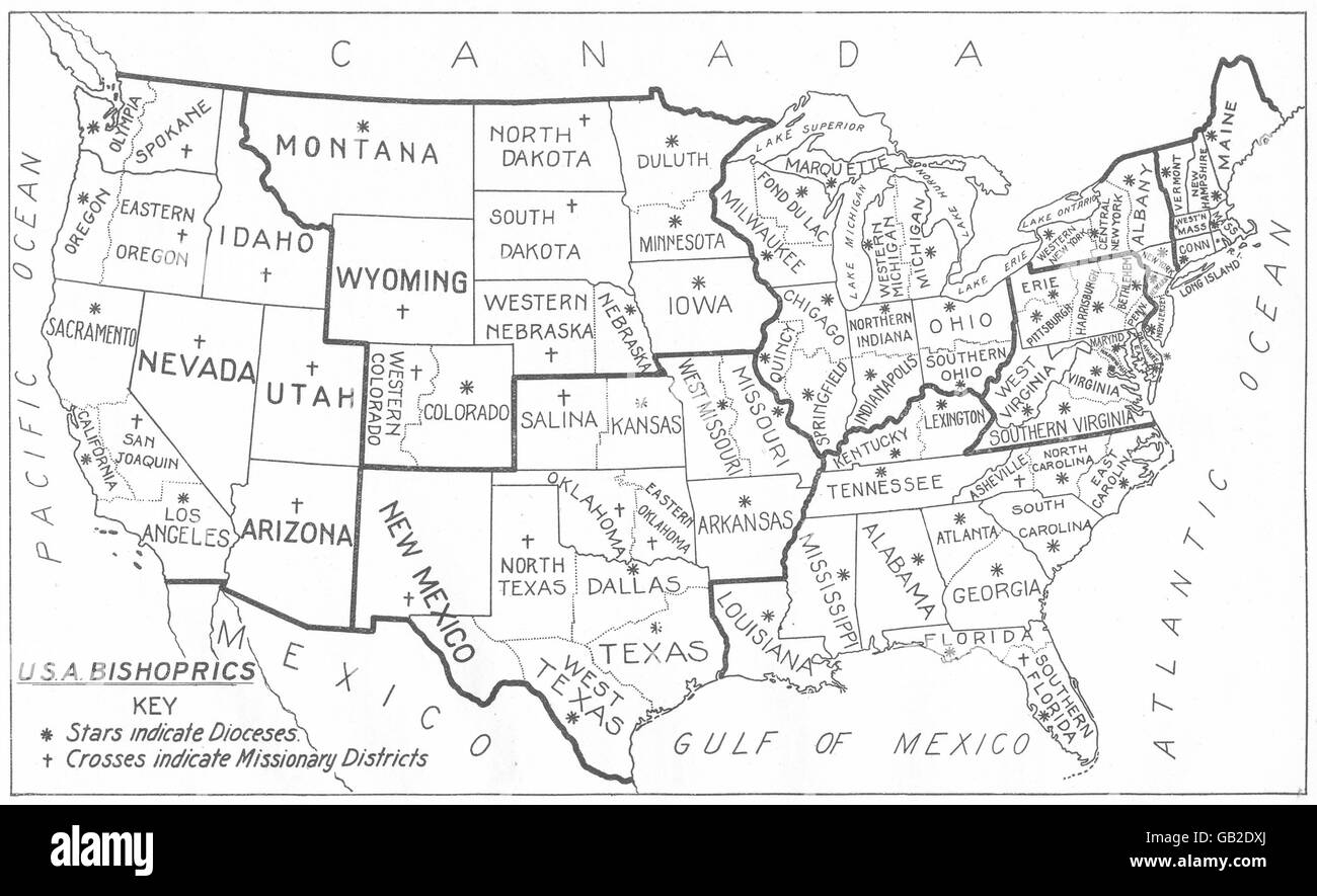 USA: Bistümer American Church. S. Stars zeigen Missionar Bezirke 1922 Karte Stockfoto