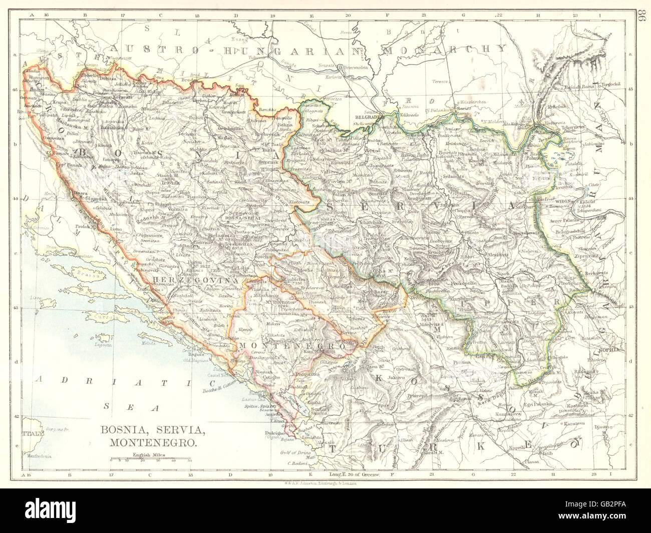 Balkan: Bosnien Servia Serbien Montenegro Kosovo, 1897 Antike Landkarte Stockfoto