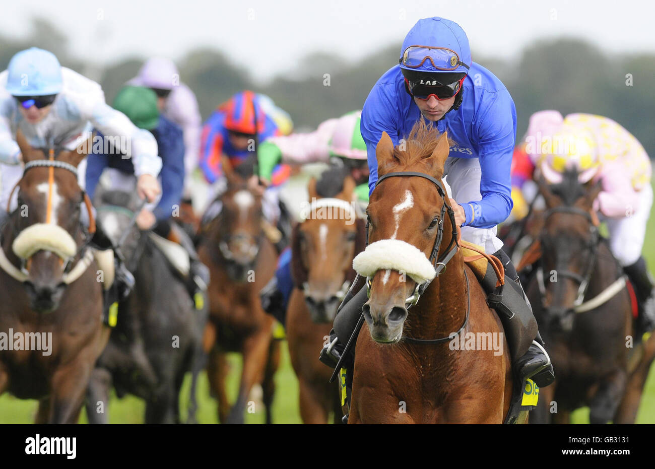 Pferderennen - Newbury. All the Good und Dane O'Neill (rechts, blau) gewinnen die totesport Newburgh Einsätze auf der Newbury Racecourse. Stockfoto