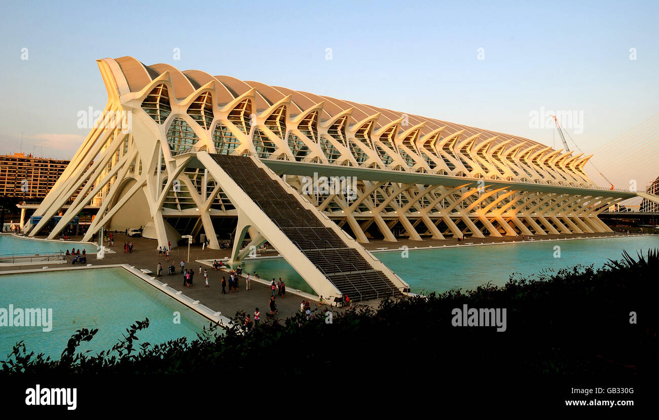 Eine allgemeine Ansicht des Principe-Feldforschungs-Museums (Museum für Kunst und Wissenschaft). Teil eines größeren Komplexes, der größtenteils vom gleichen Architekten (Santiago Calatrava) entworfen wurde und die Stadt der Künste und Wissenschaften (la Ciutat de les Arts i les Ciencies) genannt wird, ein 400 m großer Komplex, der auf dem alten ausgetrockneten Flussbett der Turia mit einem Planetarium und dem Opernhaus errichtet wurde Stockfoto