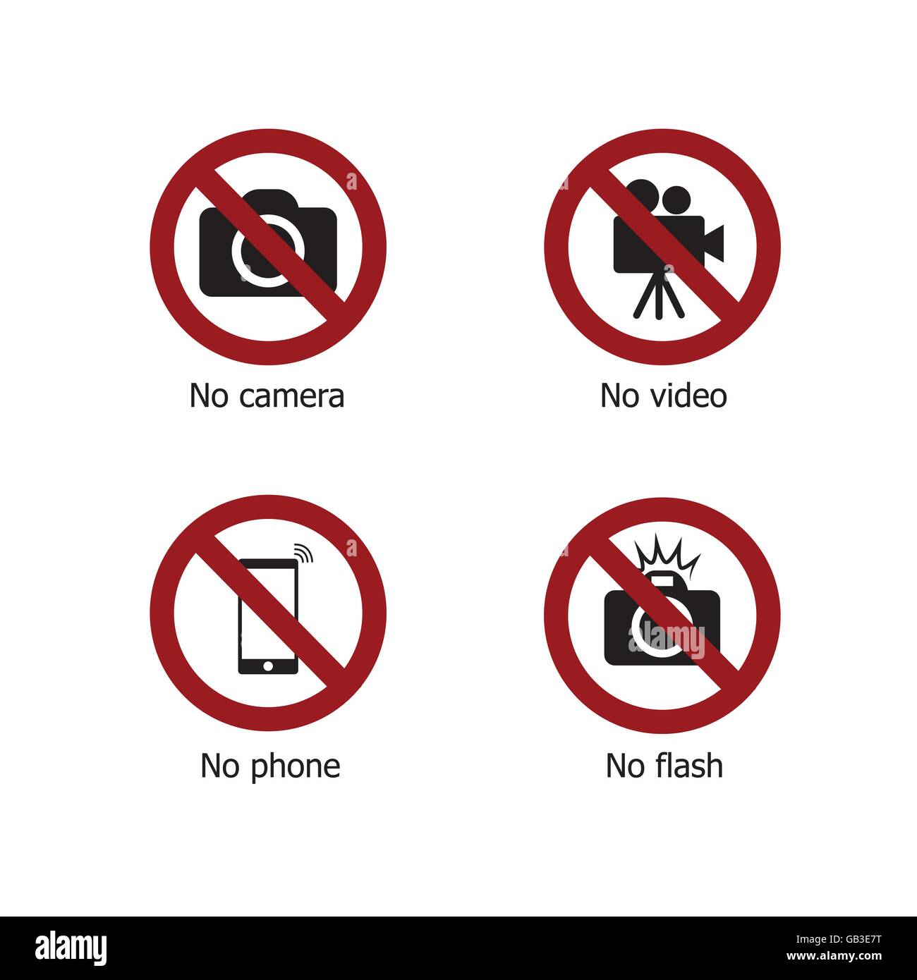 Satz von verbieten elektronisches Gerät Zeichen Symbole. Keine Kamera, kein Video, kein Telefon und kein Blitz Stock Vektor