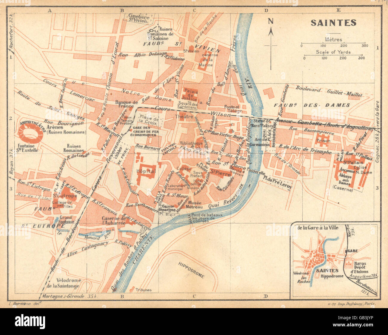 CHARENTE-MARITIME: Saintes; Nebenkarte des Saintes, 1922 Stockfoto