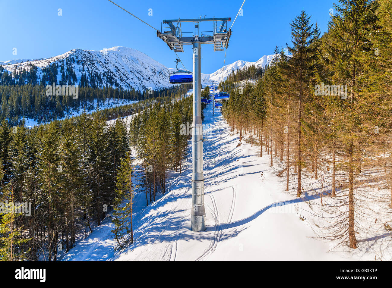 Sessellift in Rohace Ski Resort, hohen Tatra, Slowakei Stockfoto