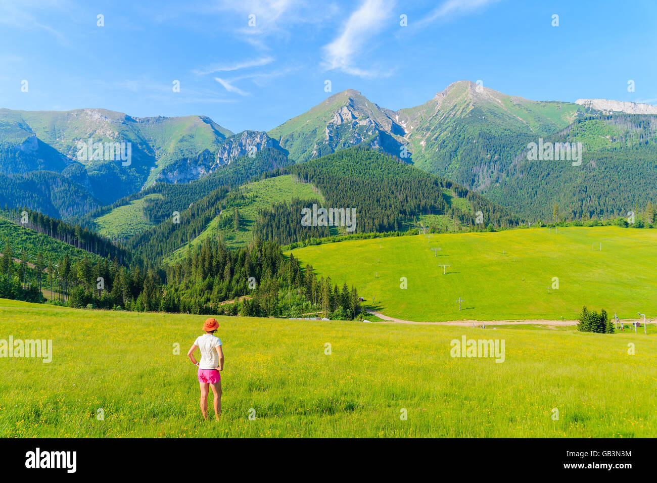 Junge Frau Tourist auf grüner Wiese mit gelben Blüten stehen und blickte auf Sommerlandschaft der hohen Tatra, Slowakei Stockfoto