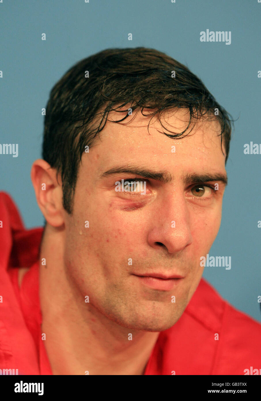 Irlands Kenny Egan bei einer Pressekonferenz nach seinem leichten Schwergewicht-Finale am Arbeitergymnasium während der Olympischen Spiele 2008 in Peking in China. Stockfoto