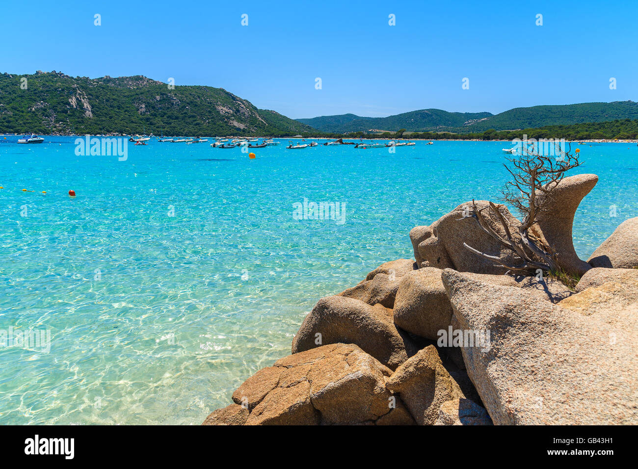 Felsen und Kristall klarem türkisfarbenen Meerwasser von Santa Giulia Beach, Insel Korsika, Frankreich Stockfoto