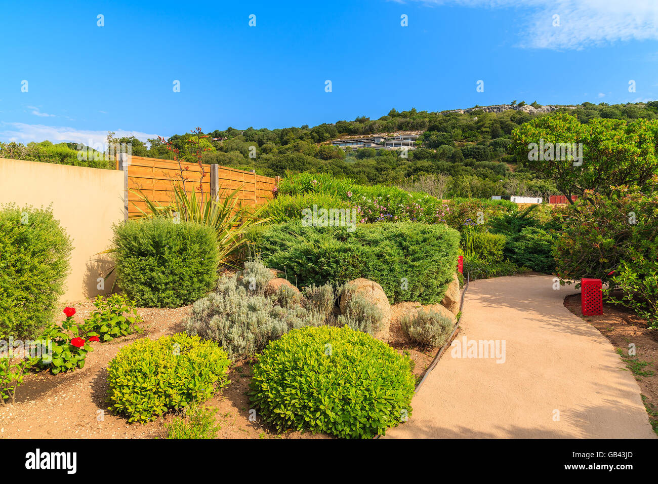 Gasse in einem grünen Park, Santa Manza Dorf, Korsika, Frankreich Stockfoto