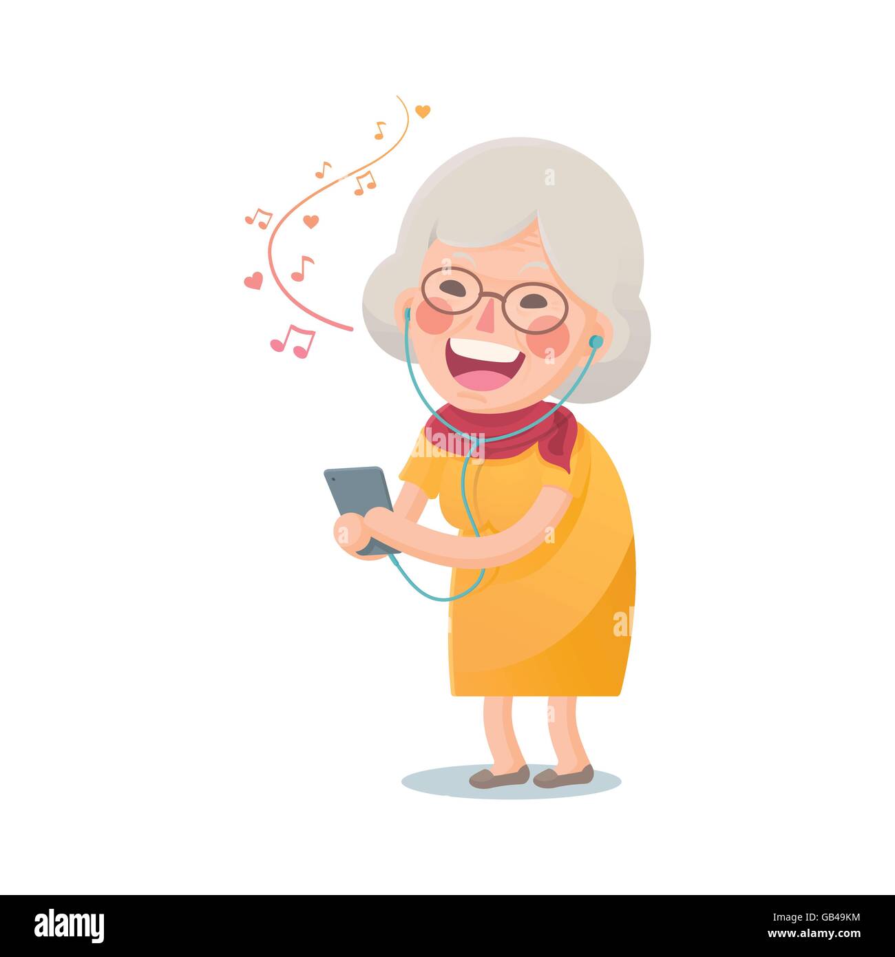 Vector Illustration der glücklich Oma hören die Musik vom Smartphone auf weißem Hintergrund, niedlichen Cartoon Charakter isoliert Stock Vektor
