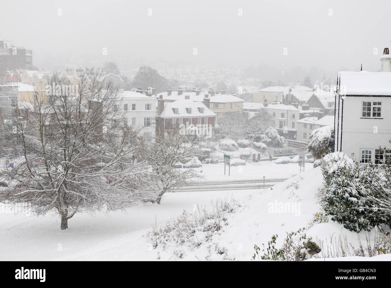 Ein verschneiter Blick über Tunbridge Wells, Kent, UK Stockfoto