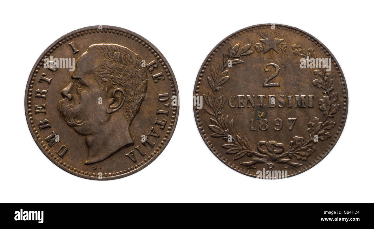 Zwei Prozent der Lira Kupfer Münze 1897 König Umberto I, Königreich von Italien auf weiß isoliert, Umberto ich Profil, Minze von Rom Stockfoto