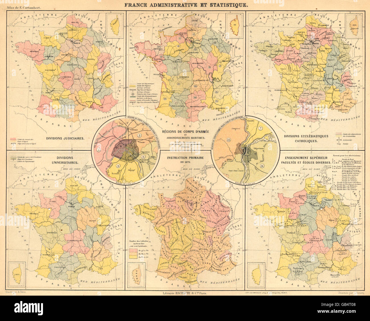 Frankreich: Administrative; Judiciaires; Armée; maritime; Ecclésiastiques; Écoles 1880 Karte Stockfoto