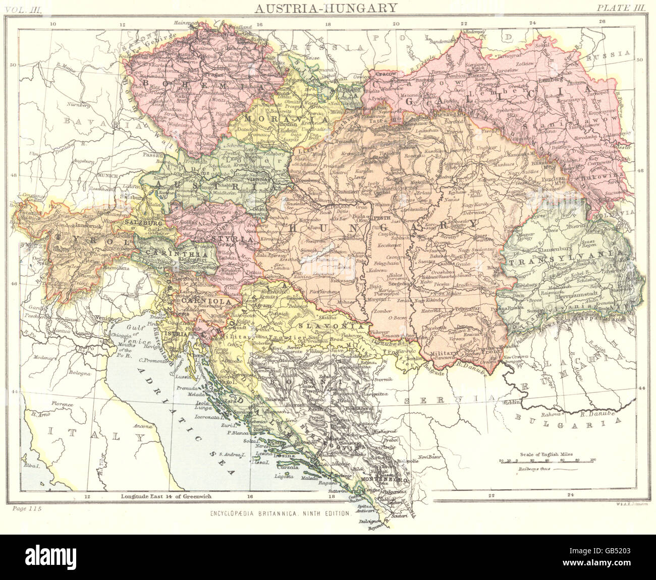 AUSTRIA-HUNGARY: Britannica 9. Auflage, 1898 Antike Landkarte Stockfoto