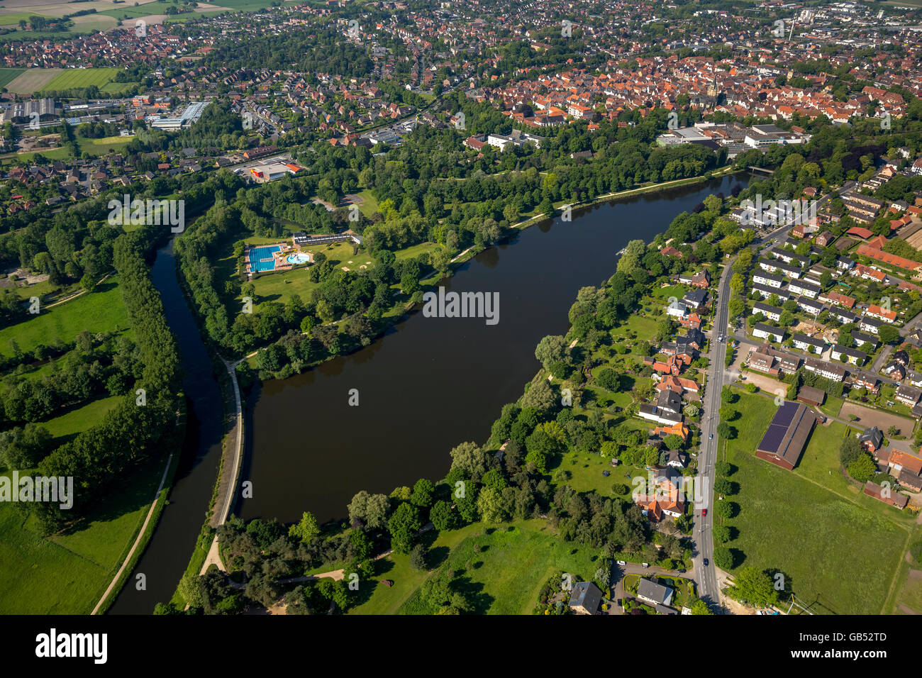Luftaufnahme, Ems, EmsInsel mit Teich Warendorf, Warendorf, Bezirk