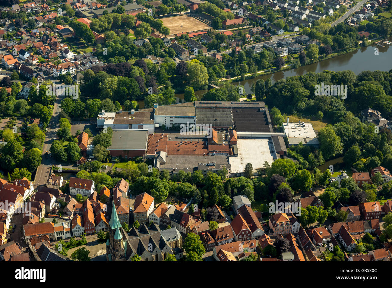 Antenne zu sehen, Ems Insel, Ems, Brinkhaus Terrain, Warendorf, Bezirk Stadt Warendorf, Nordrhein-Westfalen, Deutschland, Europa, Stockfoto