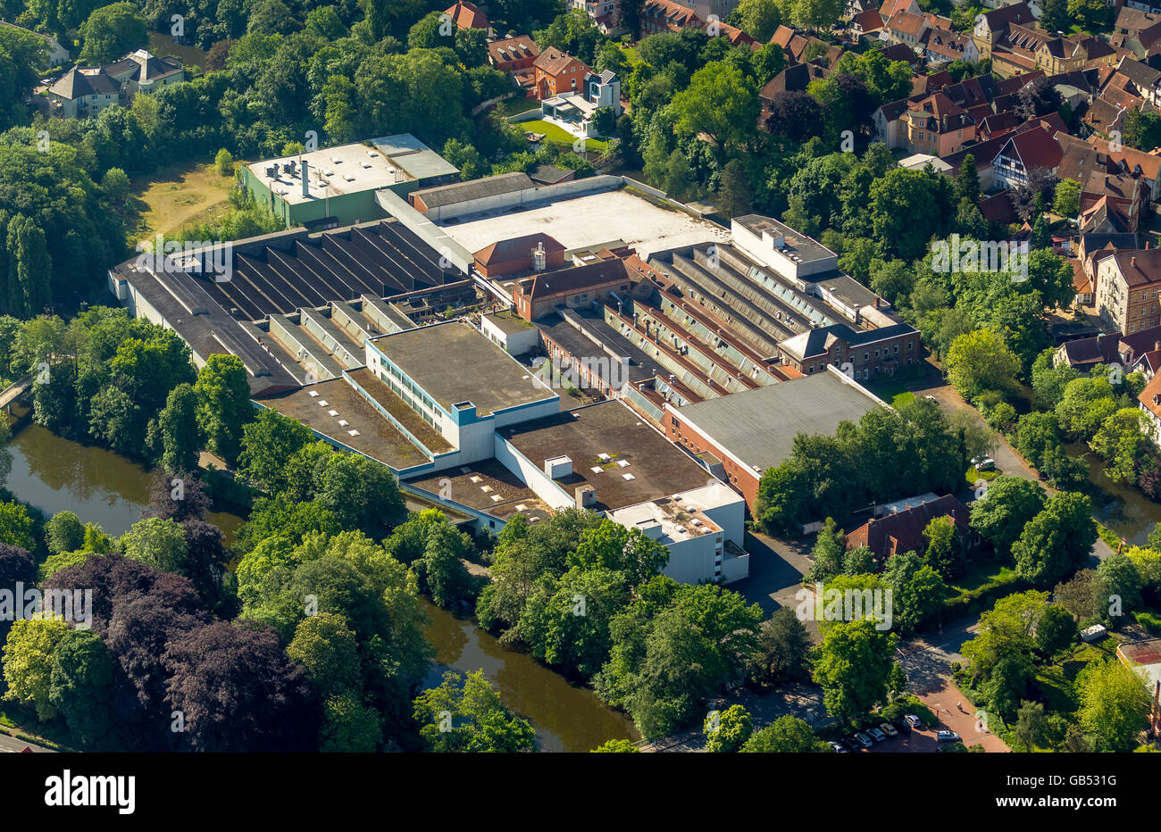 Antenne zu sehen, Ems Insel, Ems, Brinkhaus Terrain, Warendorf, Bezirk Stadt Warendorf, Nordrhein-Westfalen, Deutschland, Europa, Stockfoto
