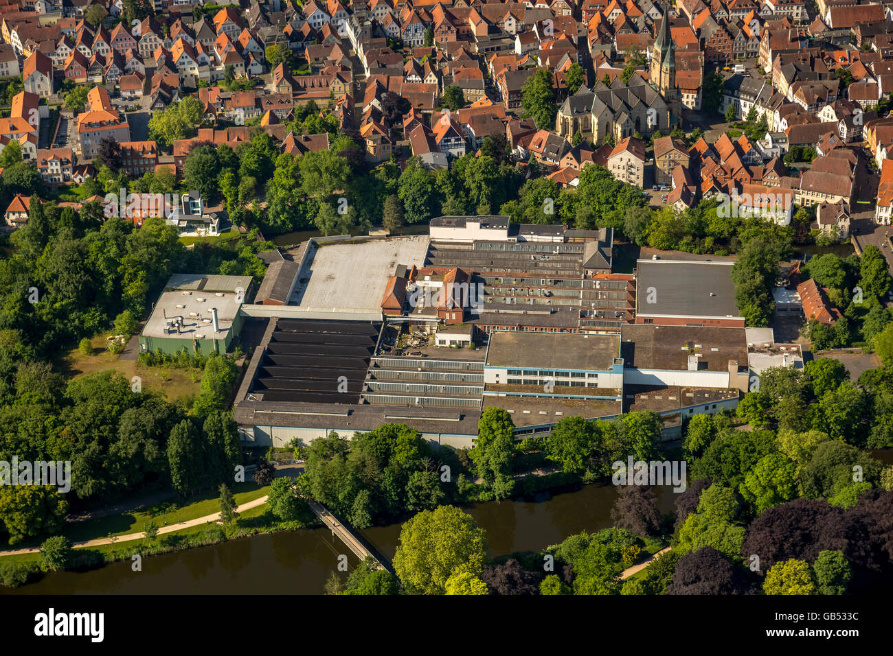 Antenne zu sehen, Ems Insel, Ems, Brinkhaus Terrain, Warendorf, Bezirk Stadt Warendorf, Nordrhein-Westfalen, Deutschland, Europa, Stockfoto