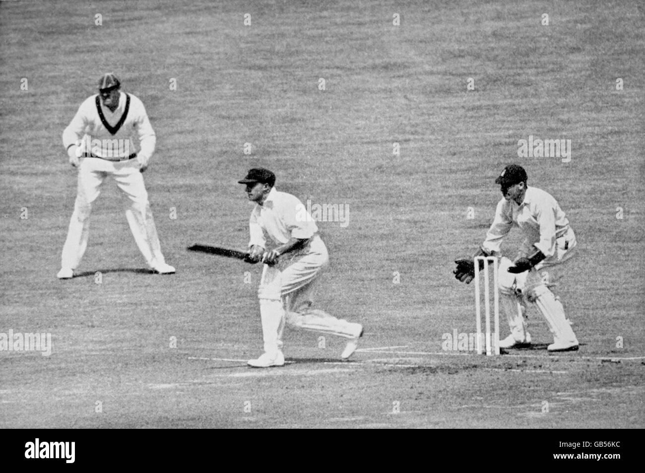 Cricket - The Ashes - Dritter Test - England gegen Australien - Headingley - erster Tag. Der Australier Don Bradman (c) kann auf seinem Weg zu einer Punktzahl von 334 weitere Runs erzielen, beobachtet von dem englischen Wicketkeeper George Duckworth (r) Stockfoto
