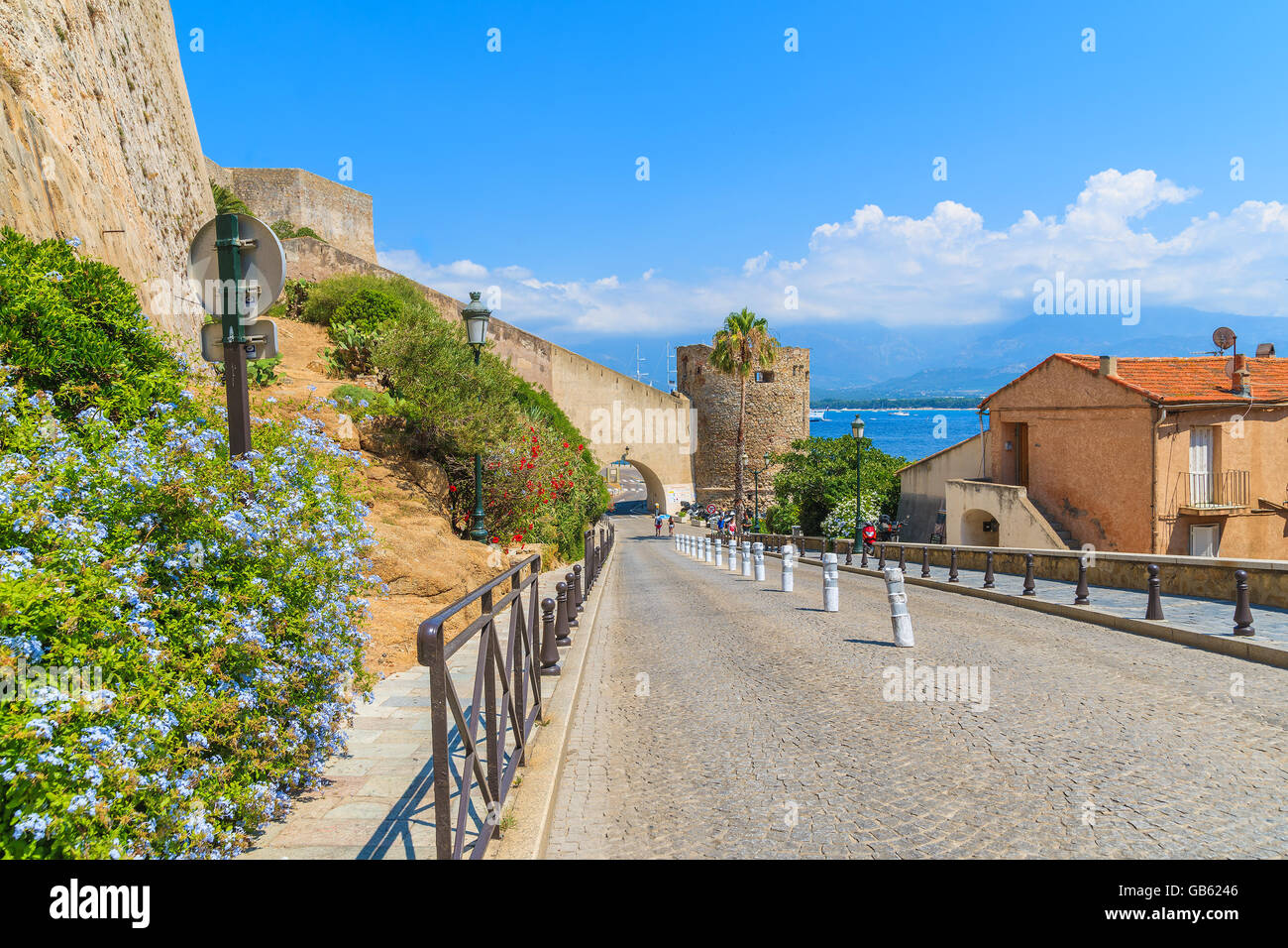 Straße von Zitadelle Gebäude in Calvi Stadt führt zum Hafen, Insel Korsika, Frankreich Stockfoto
