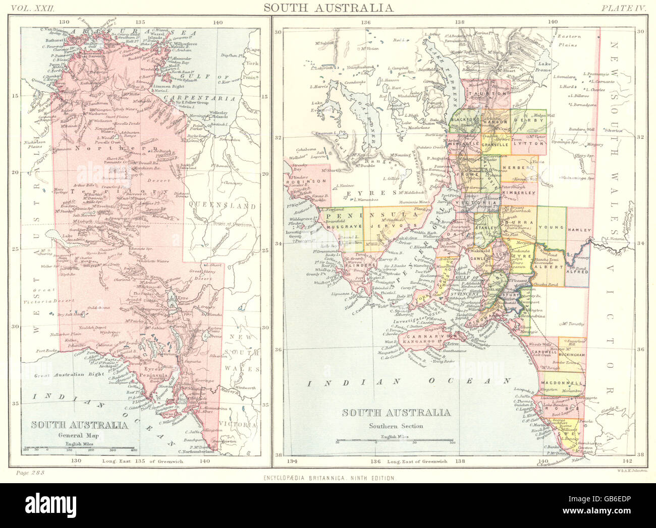 SOUTH AUSTRALIA: Zeigt Grafschaften. Nördlichen Territory.Britannica 9. Ed 1898 Karte Stockfoto