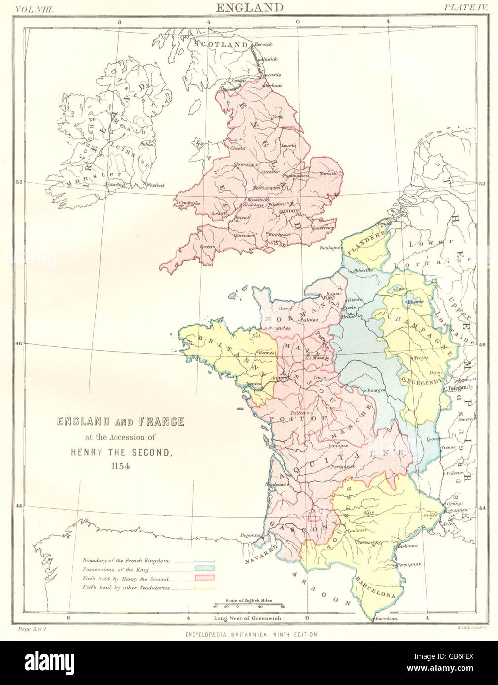 ENGLAND & Frankreich: Am Beitritt von Heinrich II., 1154.Britannica 9. Auflage 1898 Karte Stockfoto