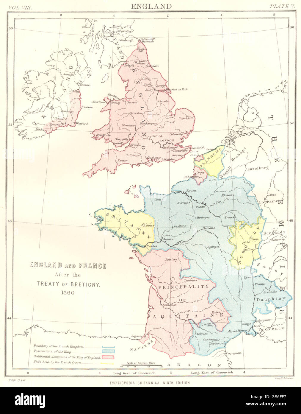 ENGLAND & Frankreich: nach dem Frieden von Bretigny 1360. Aquitaine Flandern 1898 Karte Stockfoto