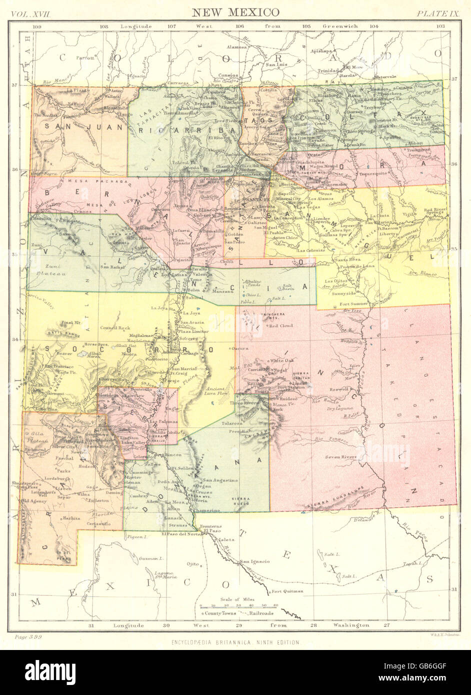 NEW MEXICO: State Karte zeigt Grafschaften. Britannica 9. Auflage, 1898 Stockfoto