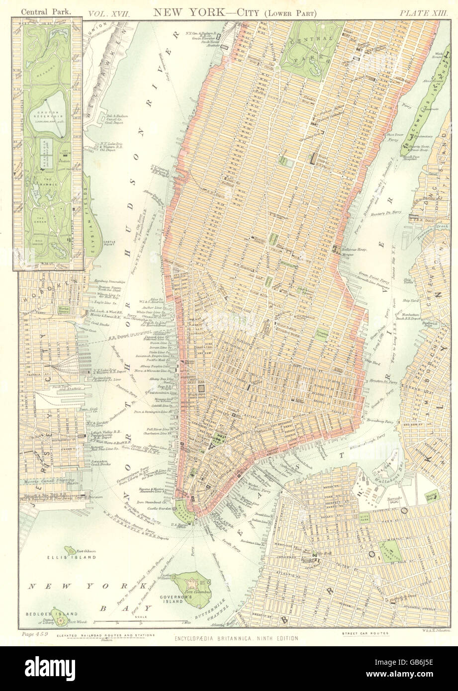 MANHATTAN: New York City niedriger. Central Park. Brooklyn. Jersey City, 1898-Karte. Stockfoto