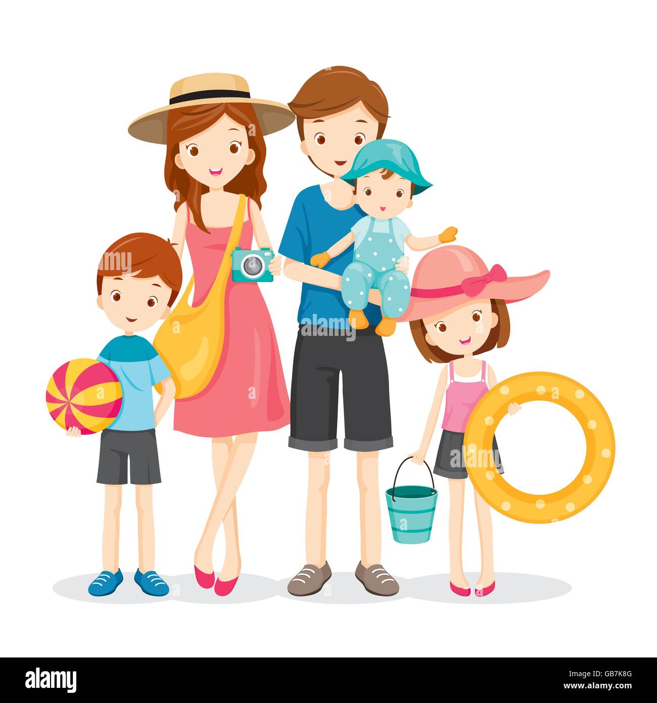 Glückliche Familie mit Sommer-Reise, Urlaub, Urlaub, Reisen, Lifestyle, Reise, Reiseziel, Beziehung Stock Vektor