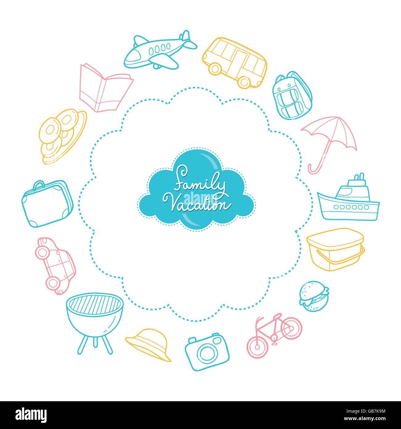 Familienurlaub-Objekte zu skizzieren, Ikonen, Urlaub, Beziehung, fröhlich, Zweisamkeit, Lifestyle Stock Vektor