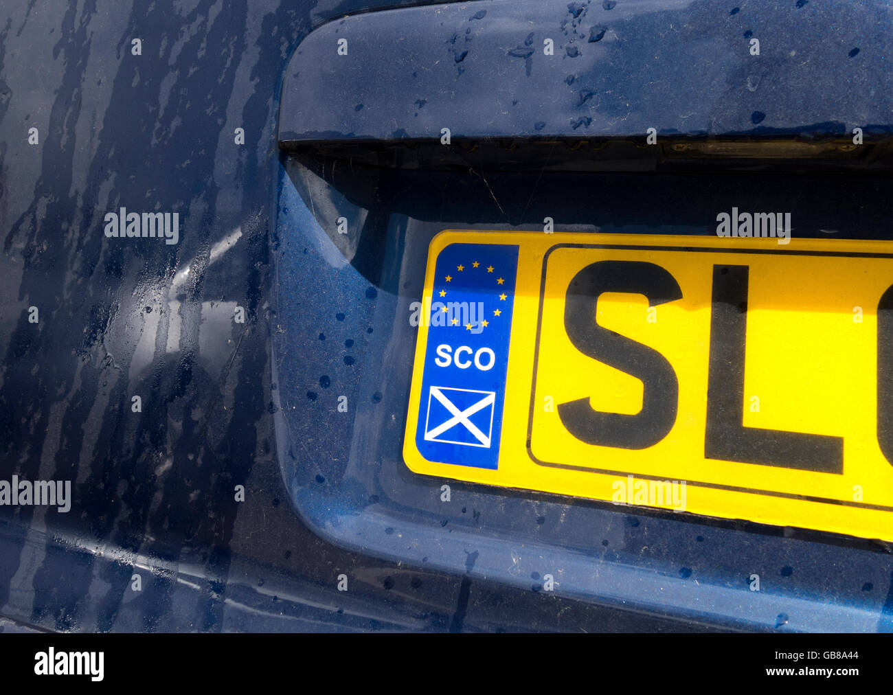 Scottish License Plate oder Nummernschild, Nummernschild mit schottischen EU-Land Code. Nach dem Referendum Brexit Sommer 2016 Stockfoto