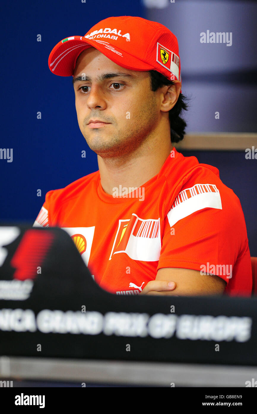 Ferrari-Pilot Felipe Massa bei einer Pressekonferenz zum Europa-Grand-Prix am Wochenende in Valencia, Spanien. Stockfoto