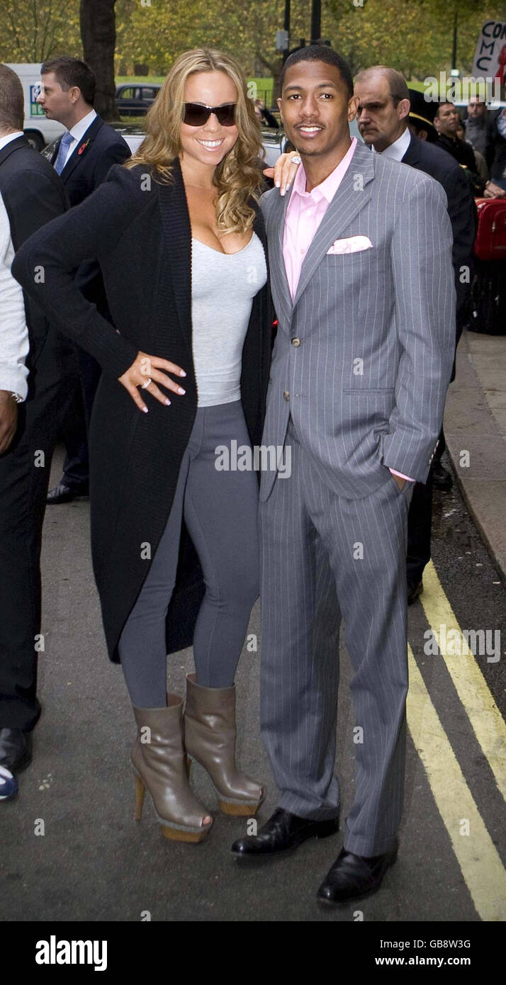 Popstar Mariah Carey und Ehemann Nick Cannon kommen im Dorchester Hotel im Zentrum von London an. Stockfoto
