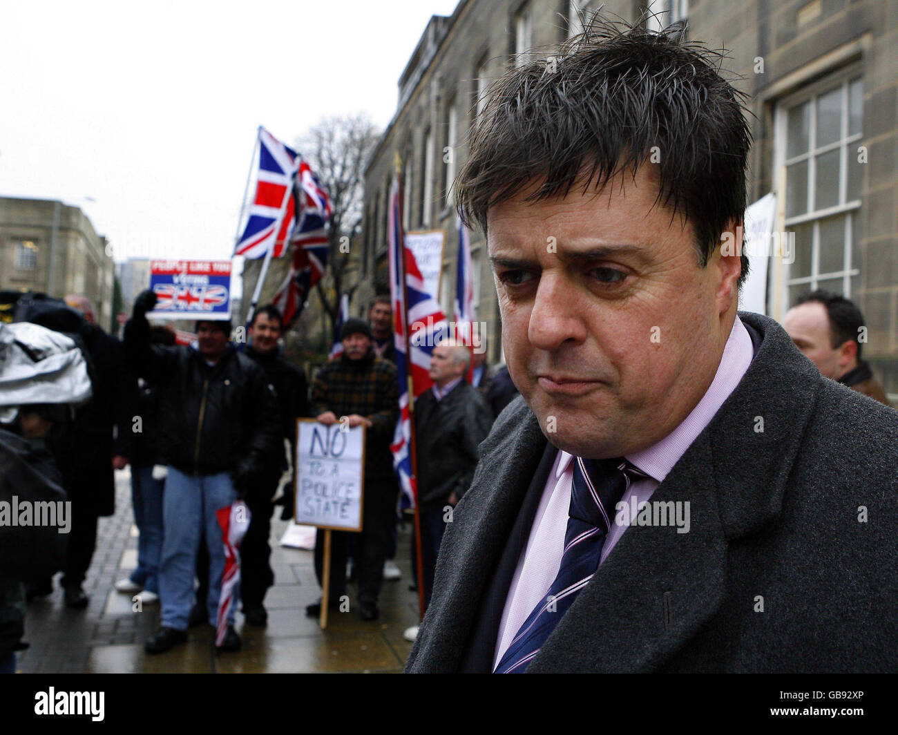 BNP-Bühne-Polizei-protest Stockfoto
