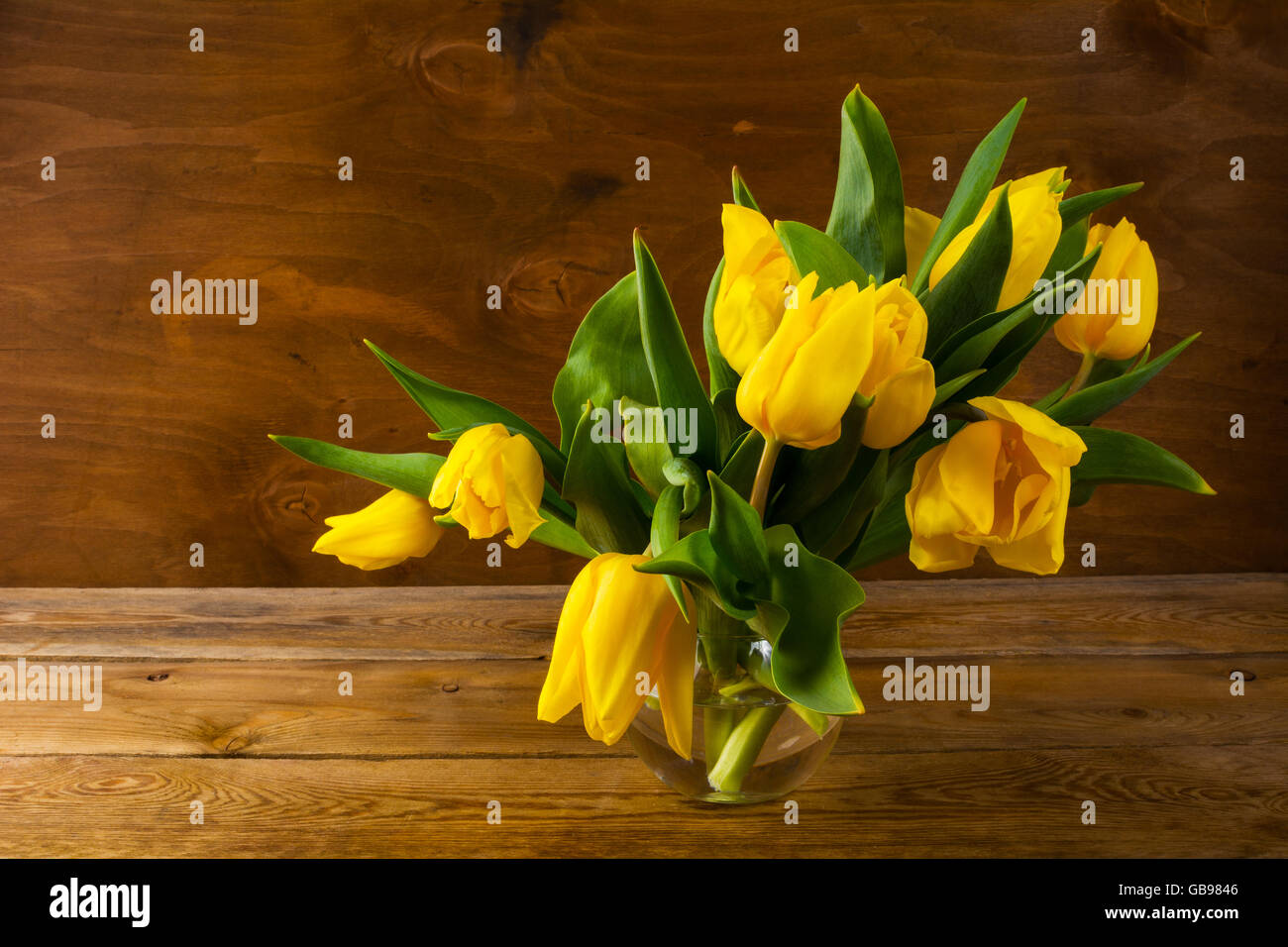 Gelbe Tulpen Strauß auf hölzernen Hintergrund, Textfreiraum Frühling. Blumengrüße. Blumen-Postkarte. Stockfoto