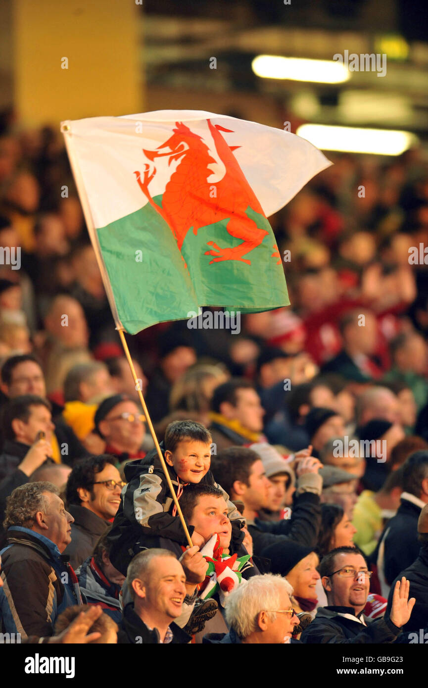 Die Fans von Wales winken vor dem Spiel der Invesco Perpetual Series im Millennium Stadium in Cardiff eine Flagge. Stockfoto