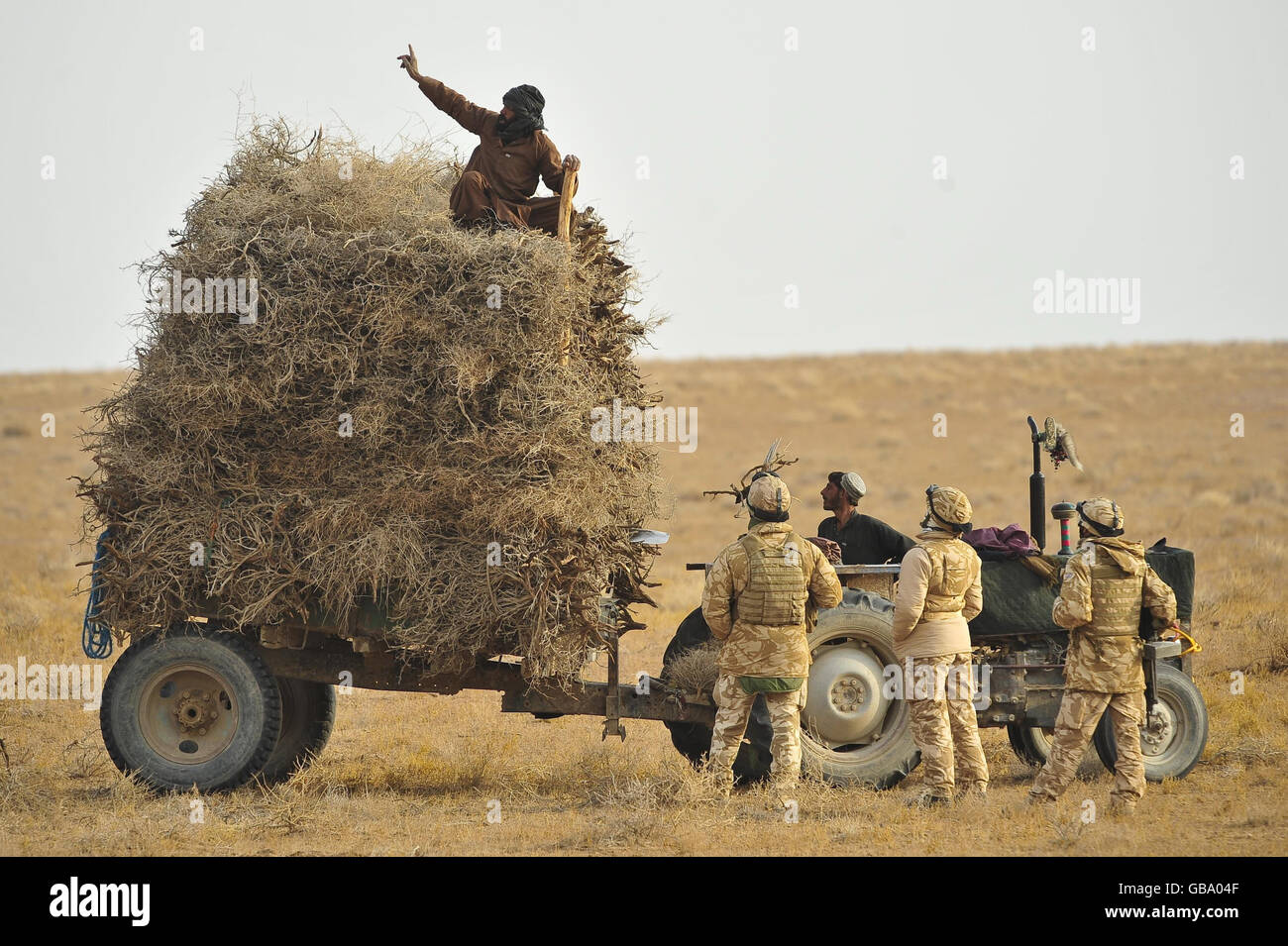 Afghanische Bauern unterhalten sich mit Soldaten der 1. Garde der Queens Dragoon Guards, die durch die östliche Wüste in der Provinz Helmand, Afghanistan, patrouillieren. Stockfoto