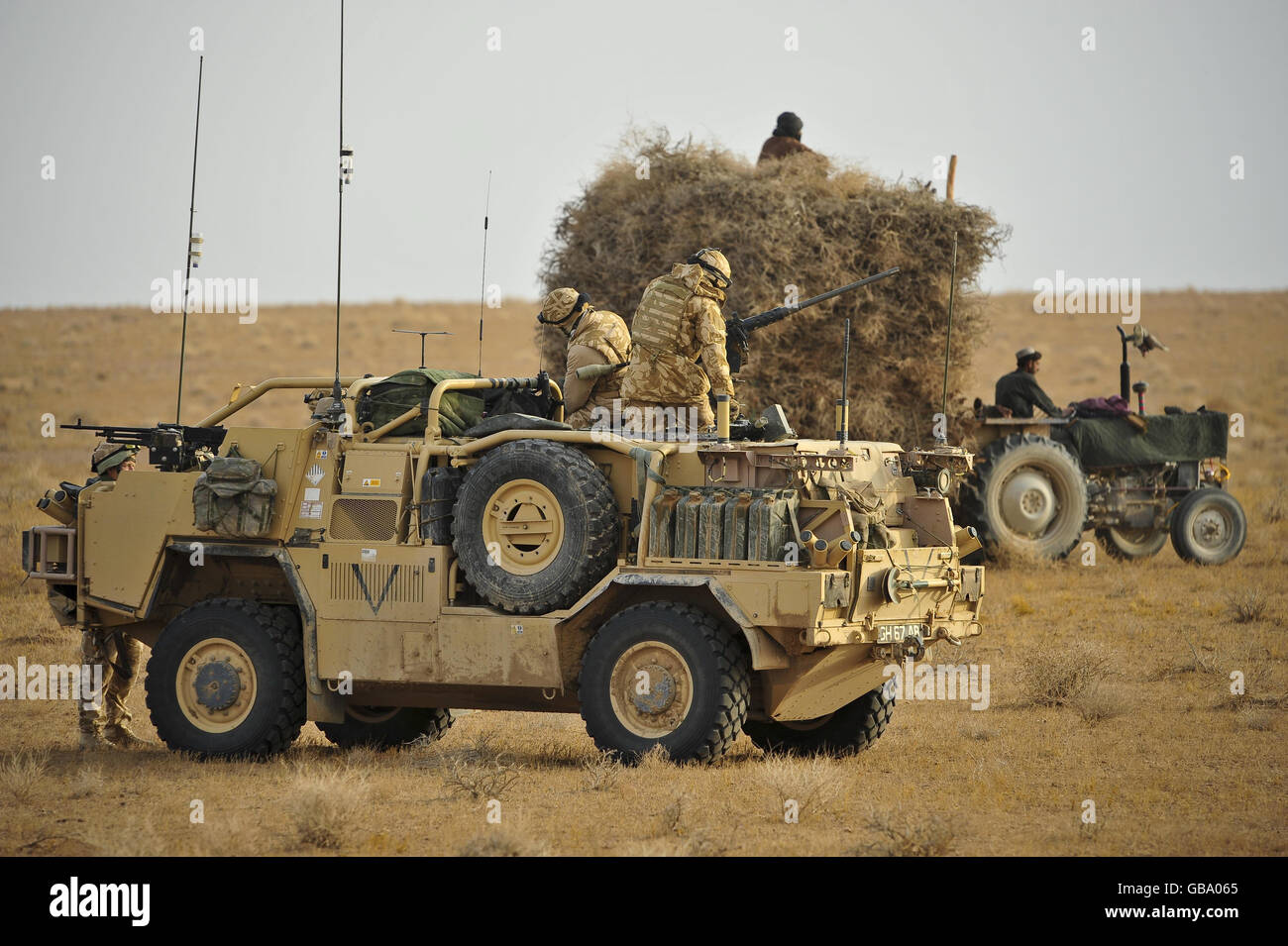 Afghanische Bauern sammeln Gräser, nachdem sie von Soldaten der 1. Garde der Queens Dragoon Guards auf einer Patrouille durch die östliche Wüste in der Provinz Helmand, Afghanistan, befragt wurden. Stockfoto