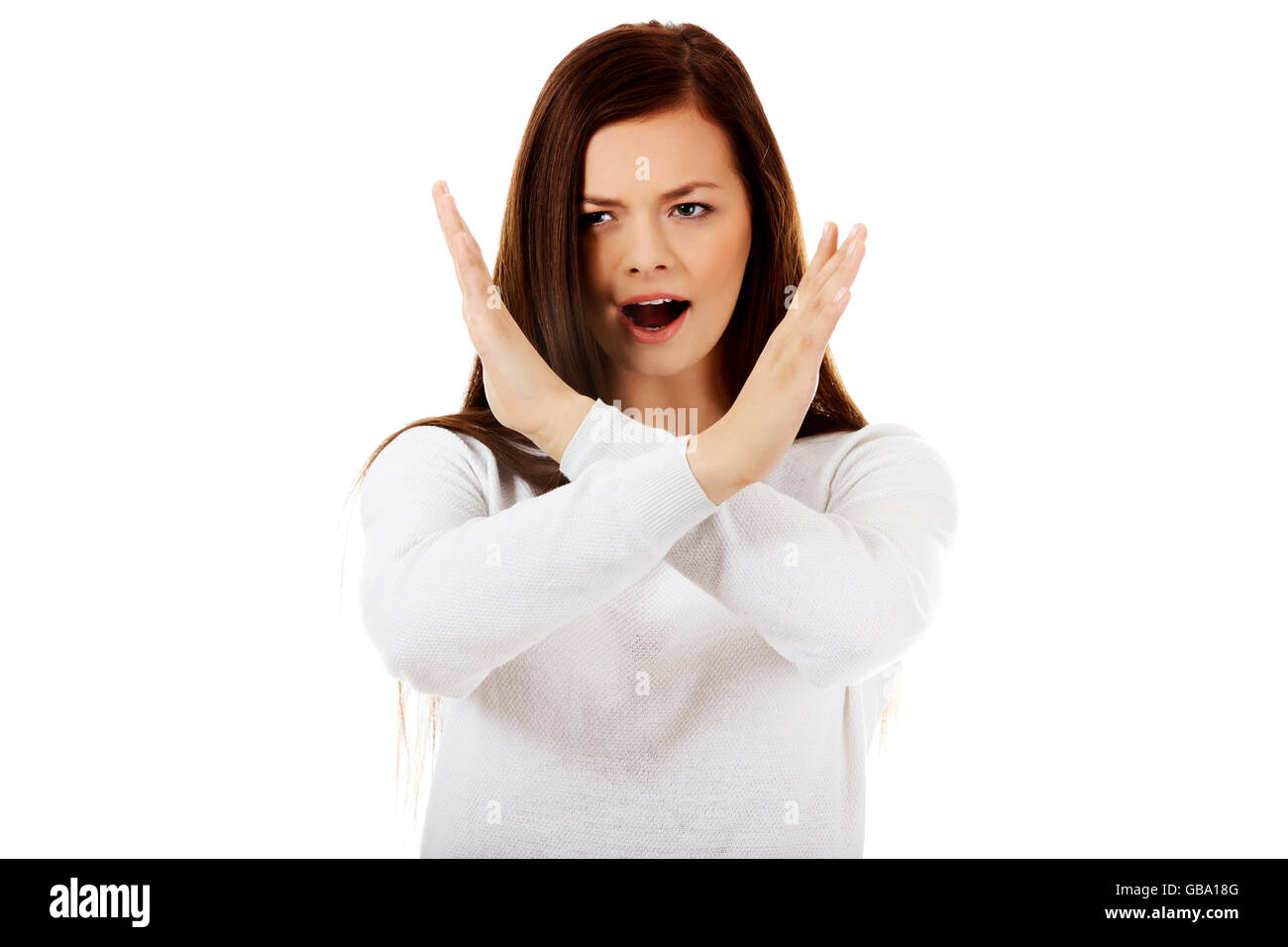 Junge wütend schreiende Frau gestikulieren Stop-Schild Stockfoto